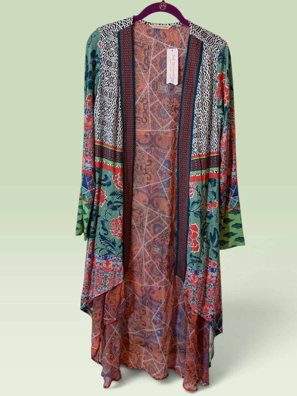Soft Surroundings Floral Patchwork Duster in Green, Coral, Blue